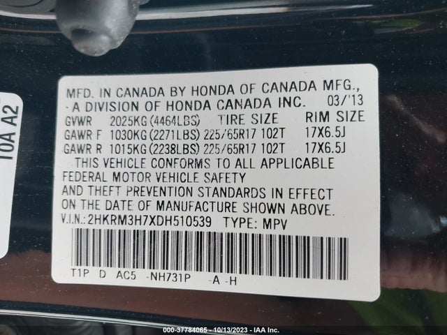 2013 HONDA CR-V EX-L VIN: 2HKRM3H7XDH510539