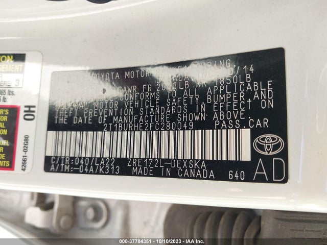 2015 TOYOTA COROLLA S PREMIUM VIN: 2T1BURHE2FC280049