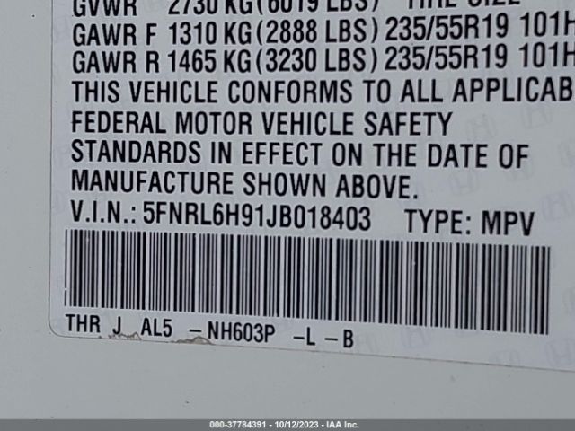 5FNRL6H91JB018403 Honda Odyssey Elite