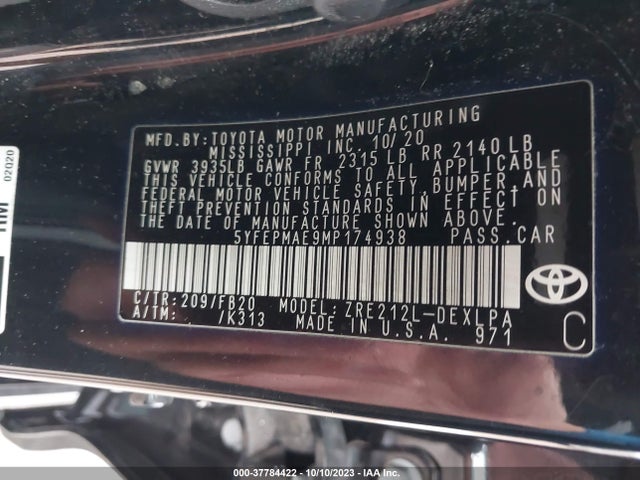 2021 TOYOTA COROLLA LE VIN: 5YFEPMAE9MP174938