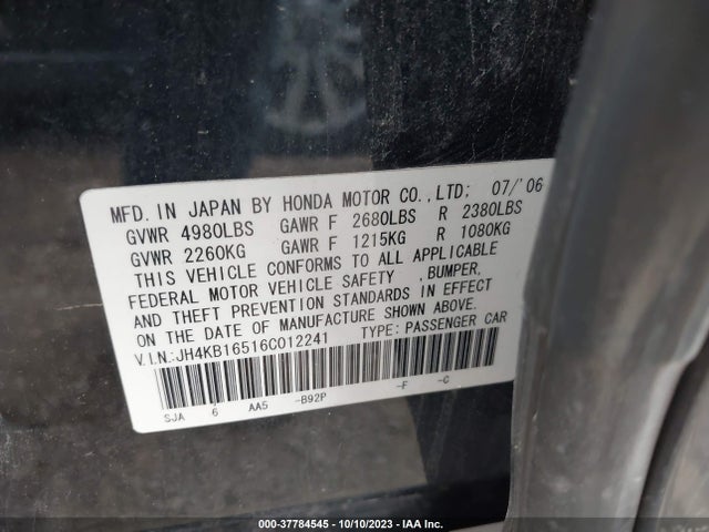 2006 ACURA RL VIN: JH4KB16516C012241