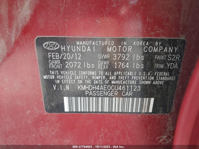 2012 HYUNDAI ELANTRA LIMITED VIN: KMHDH4AE0CU461123