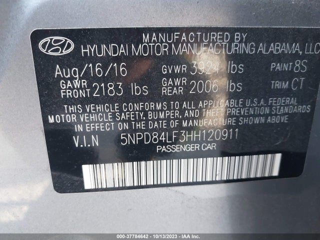 2017 Hyundai Elantra Limited მანქანა იყიდება აუქციონზე, vin: 5NPD84LF3HH120911, აუქციონის ნომერი: 37784642