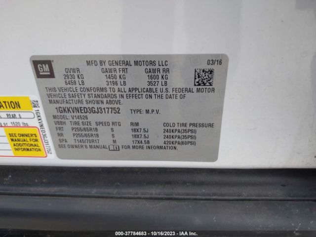 1GKKVNED3GJ317752 GMC ACADIA SLE