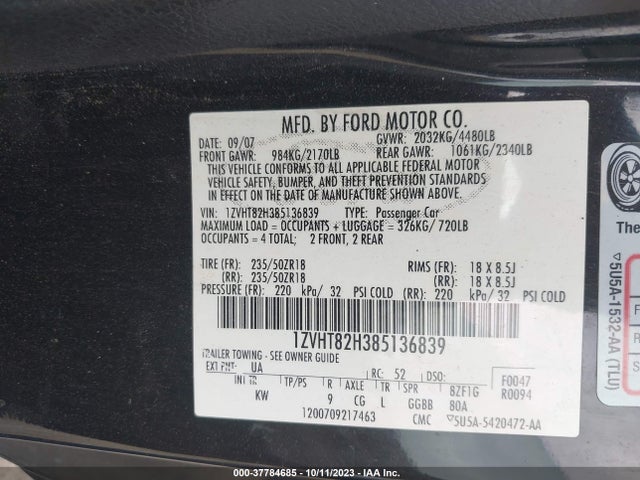 2008 FORD MUSTANG GT VIN: 1ZVHT82H385136839