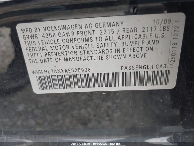 2010 VOLKSWAGEN CC LUXURY VIN: WVWHL7ANXAE525908