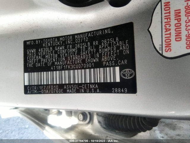 2012 TOYOTA CAMRY LE VIN: 4T1BF1FK3CU070901