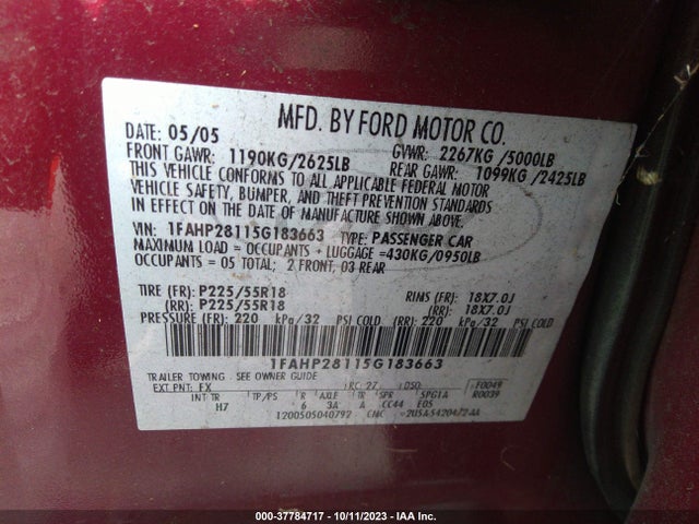 2005 FORD FIVE HUNDRED 1FAHP28115G183663 Photo 8