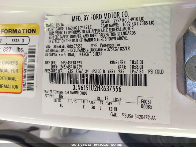 3LN6L5LU2HR637556 Lincoln Mkz Hybrid Select