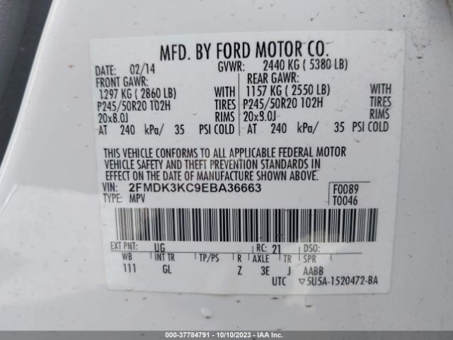 2FMDK3KC9EBA36663 Ford Edge Limited