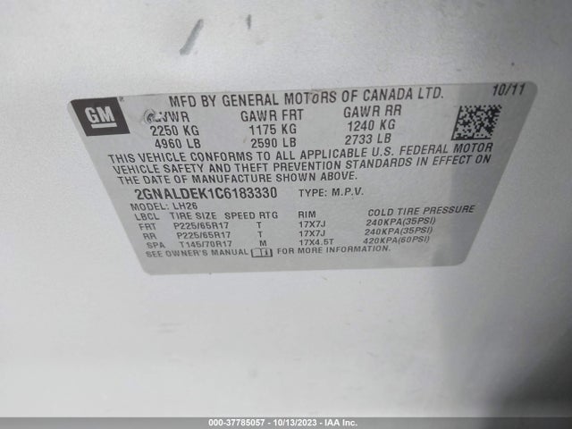 2012 CHEVROLET EQUINOX LT W/1LT VIN: 2GNALDEK1C6183330