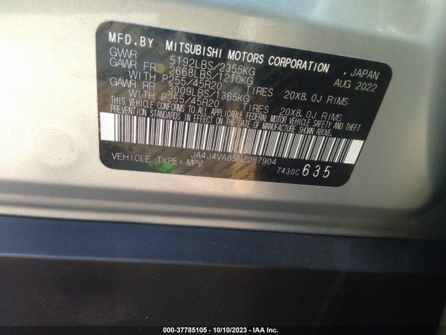 JA4J4VA85NZ087904 Mitsubishi Outlander Sel