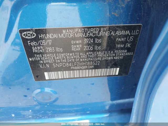 5NPD84LF2HH188522 Hyundai ELANTRA SE