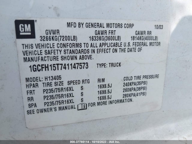 2004 CHEVROLET EXPRESS VIN: 1GCFH15T741147573