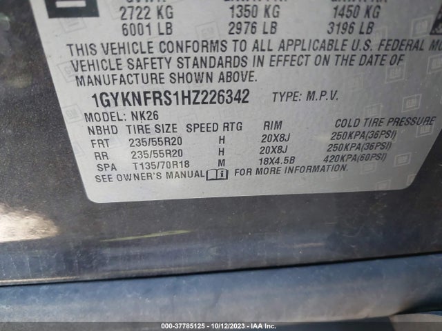 1GYKNFRS1HZ226342 Cadillac Xt5 Platinum Awd