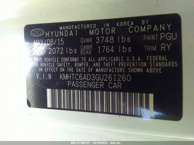 2016 HYUNDAI VELOSTER VIN: KMHTC6AD3GU261260