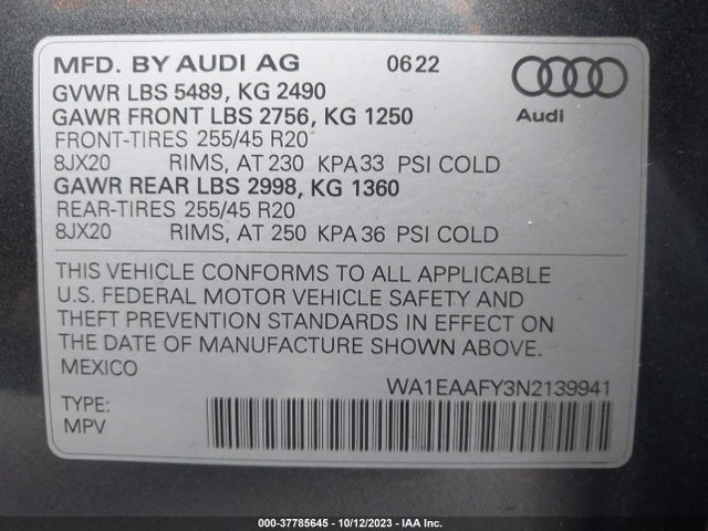 WA1EAAFY3N2139941 Audi Q5 S Line Premium Plus