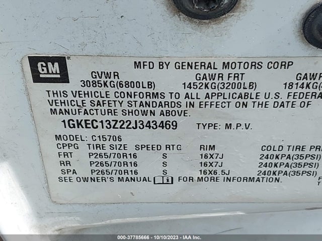 2002 GMC YUKON SLT VIN: 1GKEC13Z22J343469