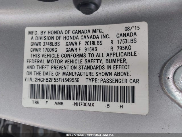2015 HONDA CIVIC LX VIN: 2HGFB2F55FH549556