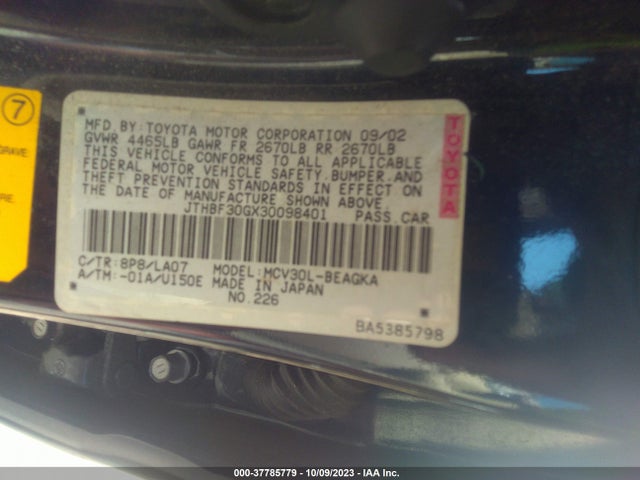 2003 LEXUS ES 300 VIN: JTHBF30GX30098401