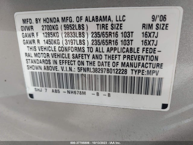 2007 HONDA ODYSSEY LX VIN: 5FNRL38297B012228