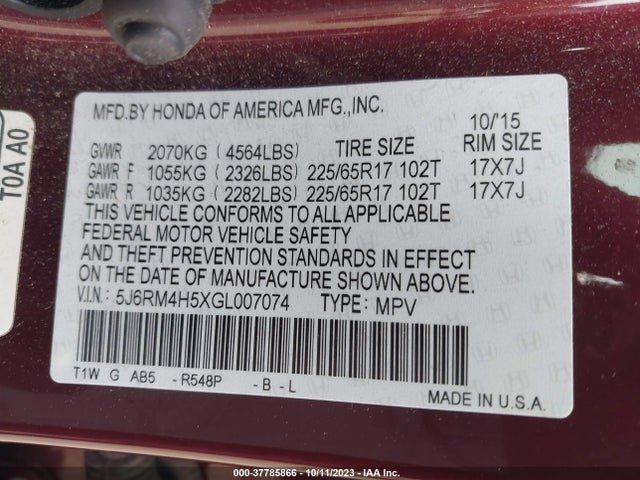 2016 HONDA CR-V EX VIN: 5J6RM4H5XGL007074