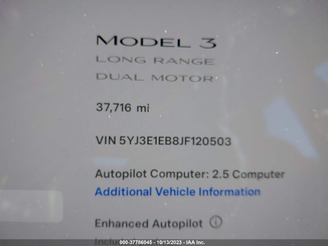 5YJ3E1EB8JF120503 Tesla Model 3 Long Range Battery