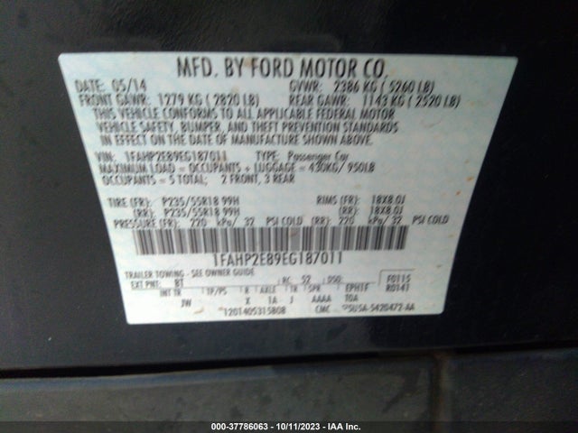 Ford TAURUS SEL 2014 1FAHP2E89EG187011 Image 9