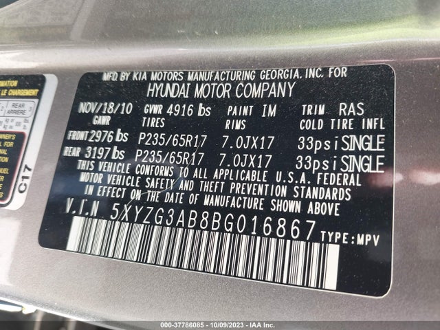 2011 HYUNDAI SANTA FE GLS VIN: 5XYZG3AB8BG016867