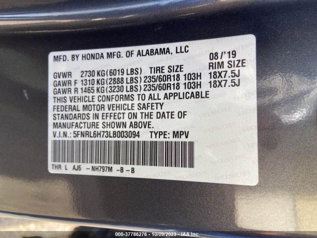 5FNRL6H73LB003094 Honda Odyssey Ex-l/ex-l W/navi & Res