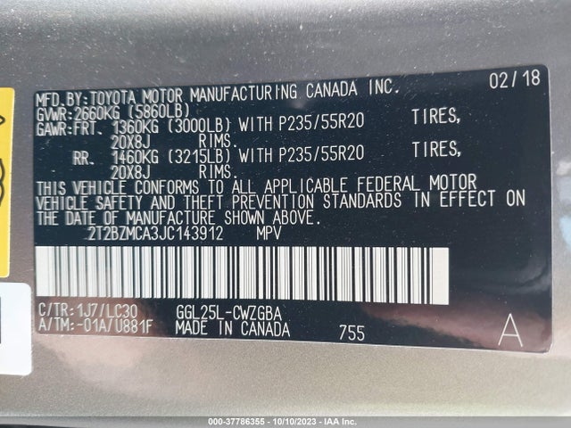 2018 Lexus RX, VIN: 2T2BZMCA3JC143912