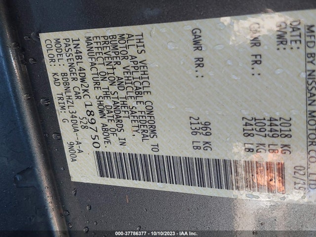 Nissan Altima 2.5 Sv 2019 1N4BL4DW2KC189750 Image 9