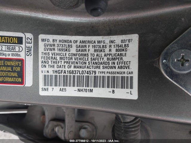 2007 HONDA CIVIC SDN EX VIN: 1HGFA16837L074579