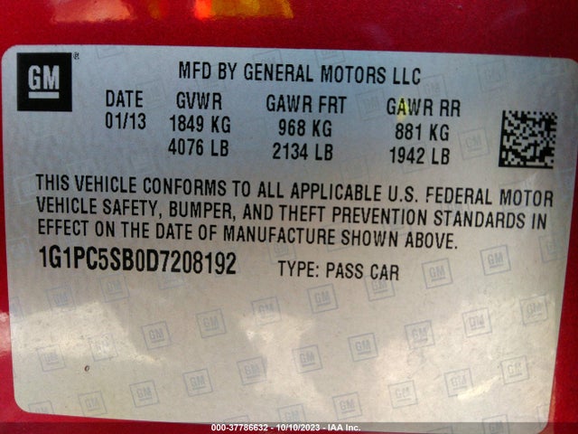 2013 CHEVROLET CRUZE 1LT AUTO VIN: 1G1PC5SB0D7208192