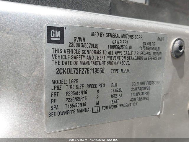 2007 PONTIAC TORRENT VIN: 2CKDL73F276119566