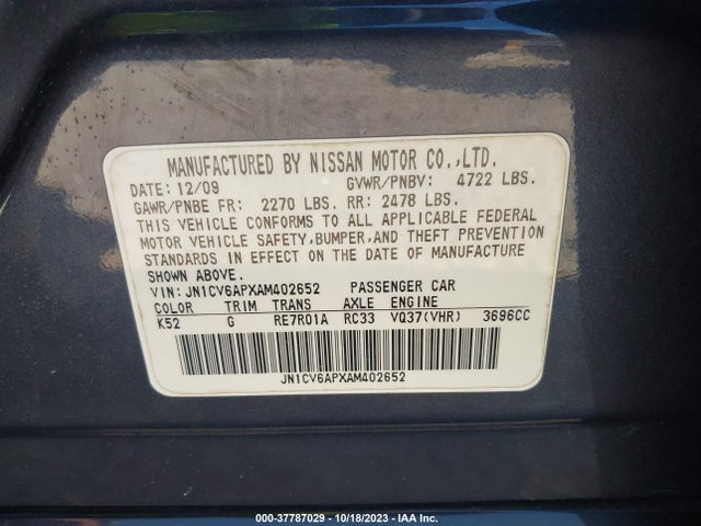 2010 INFINITI G37 JOURNEY VIN: JN1CV6APXAM402652