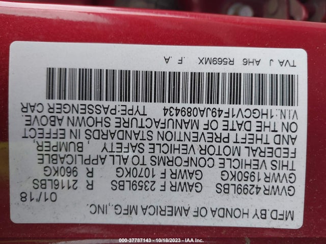 Honda ACCORD EX 2018 1HGCV1F49JA089434 Image 9