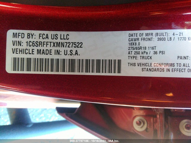 2021 RAM 1500 BIG HORN VIN: 1C6SRFFTXMN727522