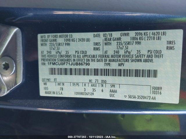 2018 FORD ESCAPE S VIN: 1FMCU0F71JUB86790