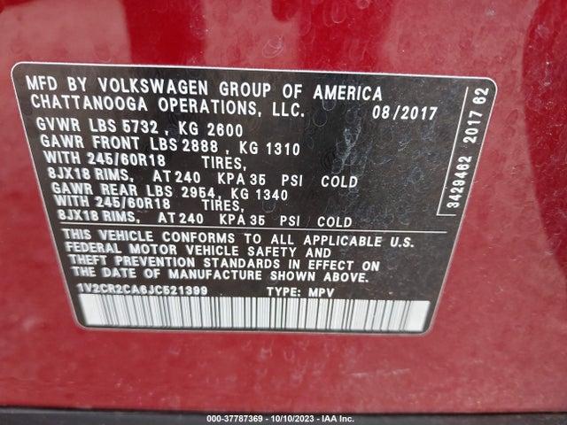 1V2CR2CA6JC521399 Volkswagen Atlas 3.6l V6 Se