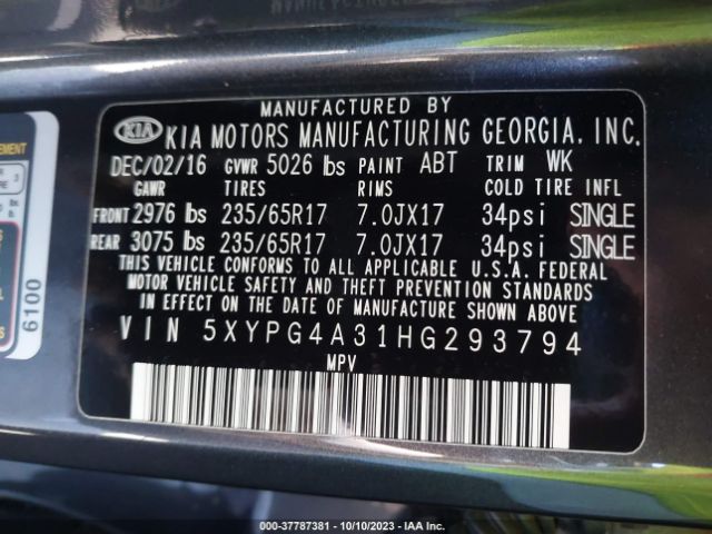 5XYPG4A31HG293794 KIA SORENTO LX