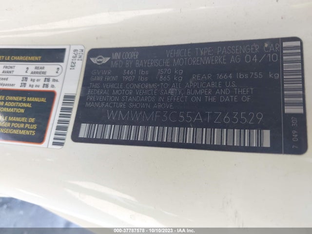 2010 MINI COOPER HARDTOP WMWMF3C55ATZ63529 Photo 8