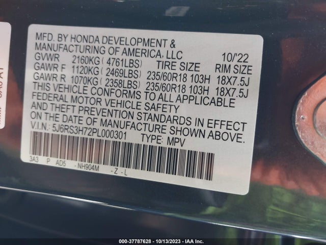 2023 HONDA CR-V EX-L VIN: 5J6RS3H72PL000301