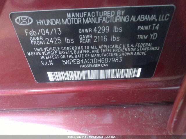 2013 HYUNDAI SONATA GLS VIN: 5NPEB4AC1DH687983