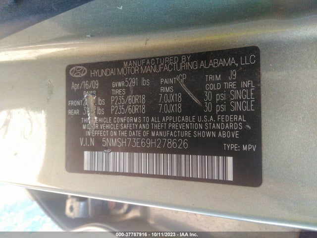 37787916 :رقم المزاد ، 5NMSH73E69H278626 vin ، 2009 Hyundai Santa Fe Limited مزاد بيع
