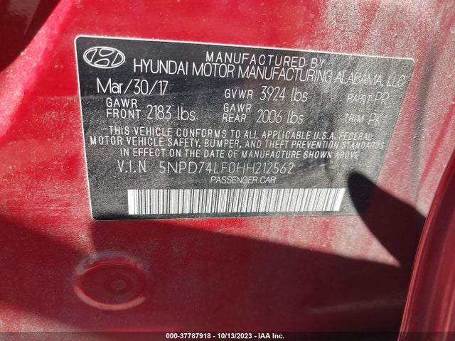 2017 HYUNDAI ELANTRA SE VIN: 5NPD74LF0HH212562