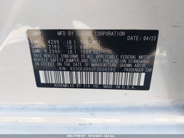 2023 SUBARU IMPREZA VIN: 4S3GKAB60P3606293