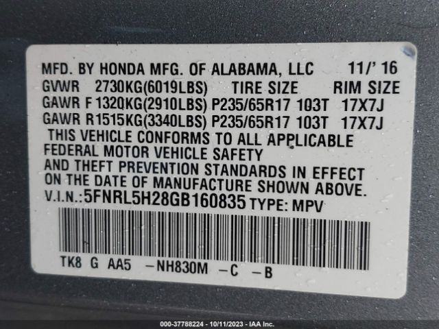 5FNRL5H28GB160835 Honda ODYSSEY LX