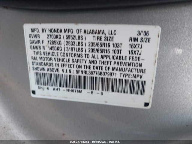 2006 HONDA ODYSSEY EX-L VIN: 5FNRL38776B079971