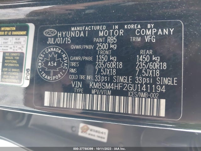 Hyundai SANTA FE 2016 KM8SM4HF2GU141194 Image 9